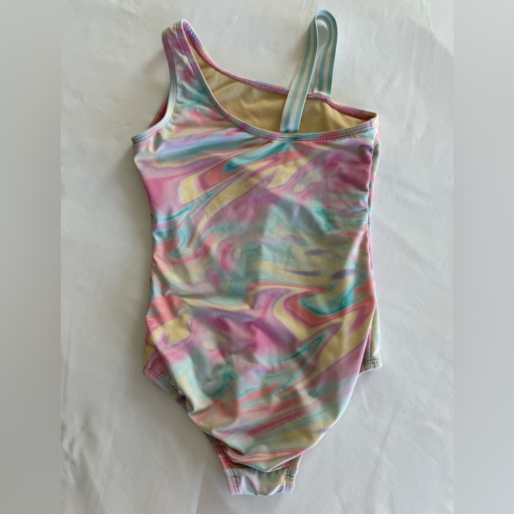 4/$20 LANDS END One-Shoulder Swirl Print Girls' Swimsuit in Pastel Rainbow - 7S - Picture 2 of 4